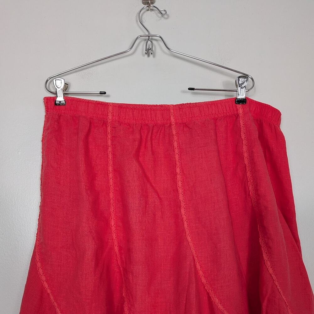 Linen Midi Skirt XL Coral Pink Ruffle Lace Boho A-Line Elastic Pull On Fairy Y2K - Picture 6 of 9